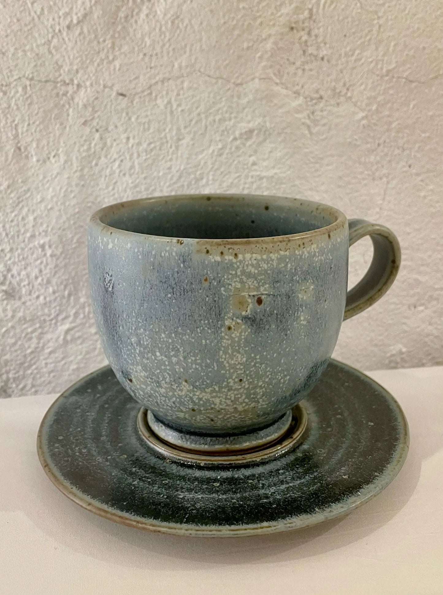 Big Blue Ancient Style Coffee Mug with Saucer In Clay