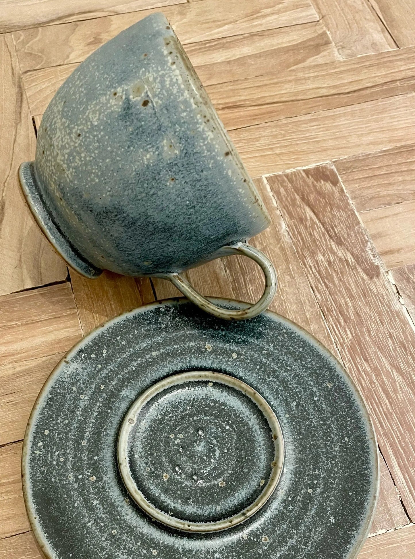 Big Blue Ancient Style Coffee Mug with Saucer In Clay
