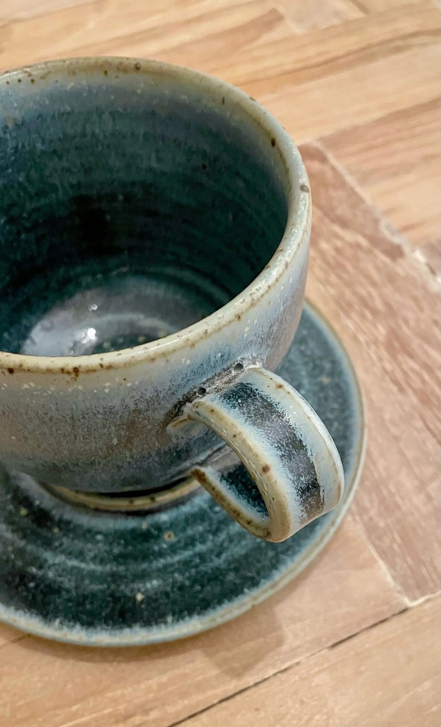 Big Blue Ancient Style Coffee Mug with Saucer In Clay