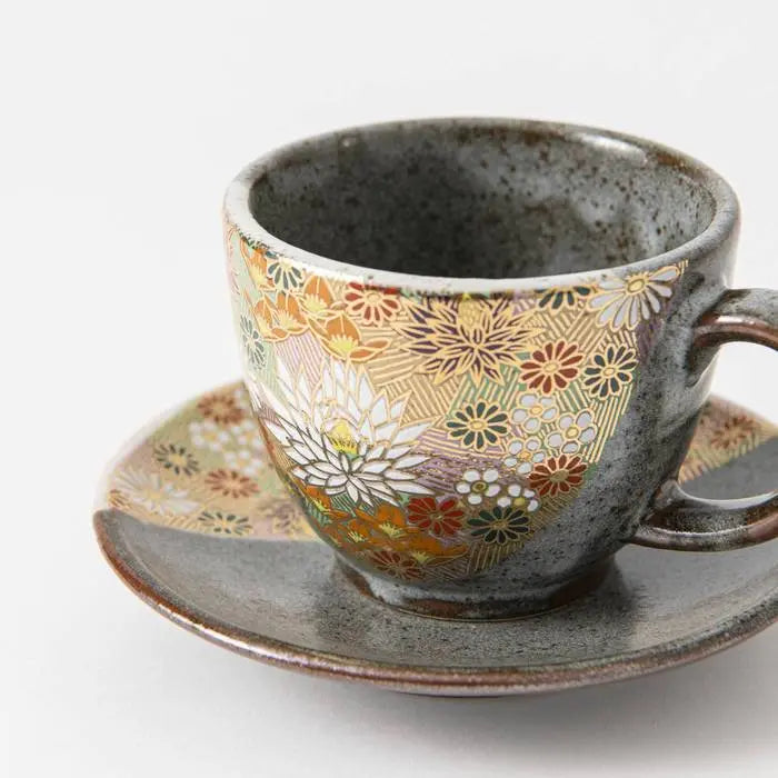 Kutani Cup with Saucer (Golden Flower) Super Delivery - KUTANIYAKI TOUJUDOU