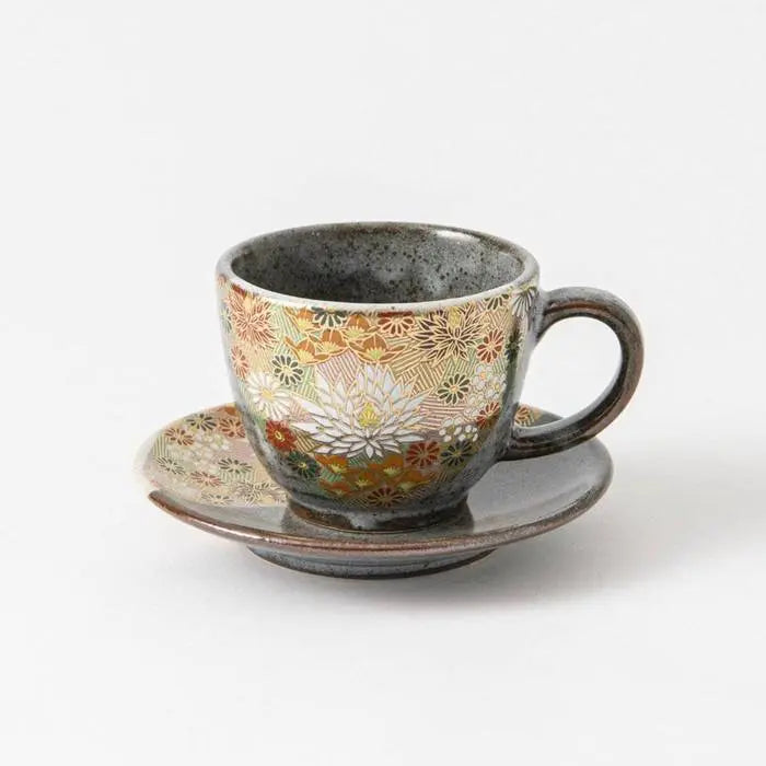 Kutani Cup with Saucer (Golden Flower) Super Delivery - KUTANIYAKI TOUJUDOU
