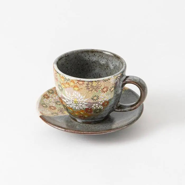 Kutani Cup with Saucer (Golden Flower) Super Delivery - KUTANIYAKI TOUJUDOU