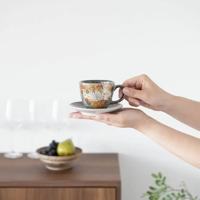 Kutani Cup with Saucer (Golden Flower) Super Delivery - KUTANIYAKI TOUJUDOU