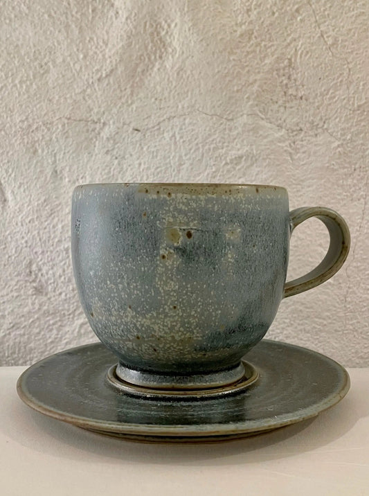 Big Blue Ancient Style Coffee Mug with Saucer In Clay