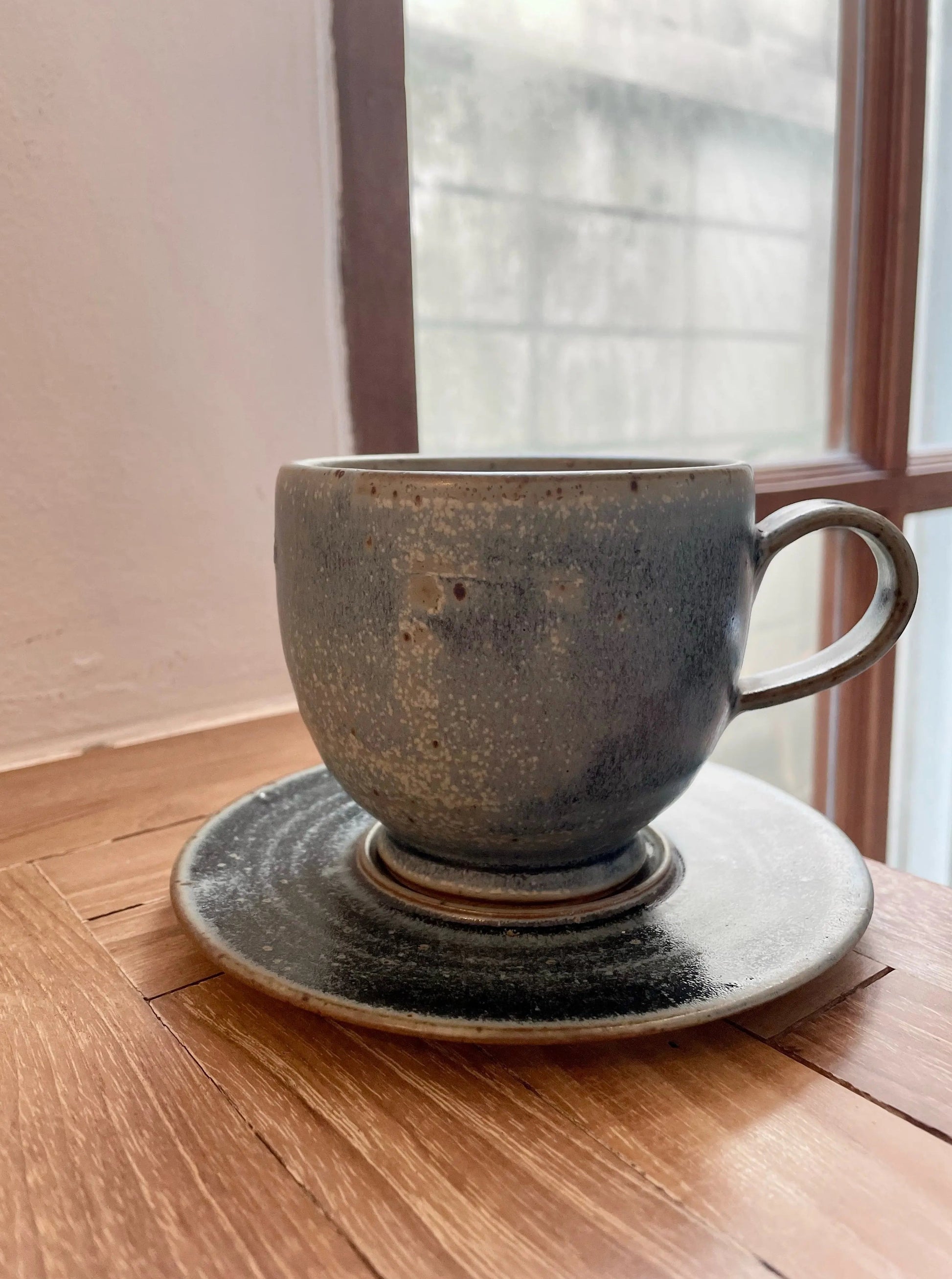 Big Blue Ancient Style Coffee Mug with Saucer In Clay