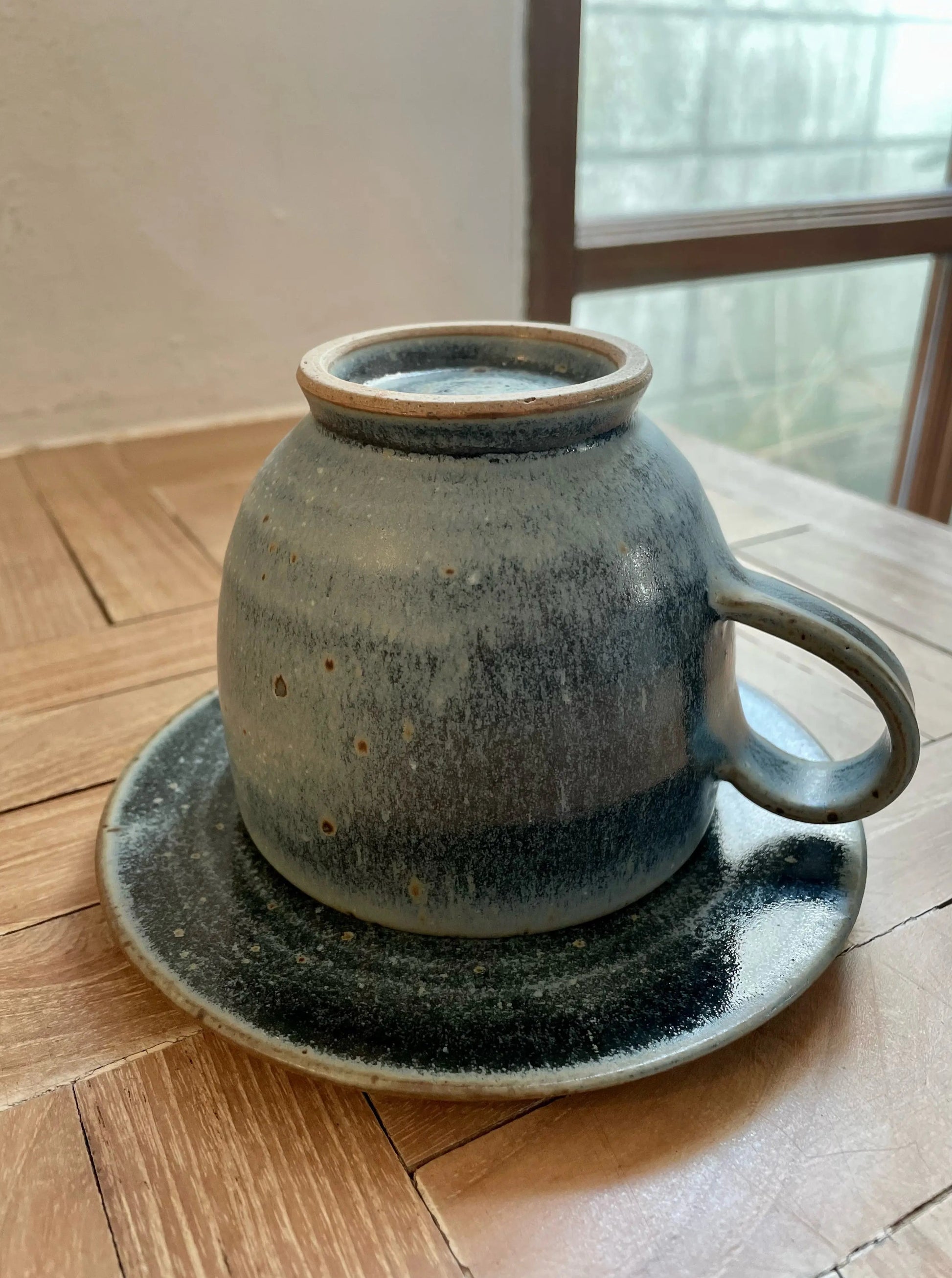 Big Blue Ancient Style Coffee Mug with Saucer In Clay