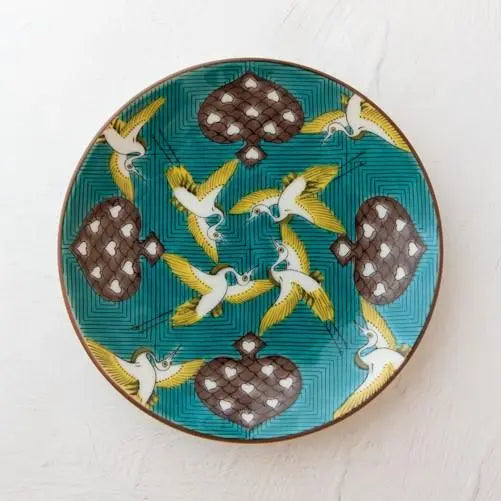 Ko-Kutani Dancing Cranes Kutani Ware - 15cm Plate (青手鶴) Super Delivery - KUTANIYAKI TOUJUDOU
