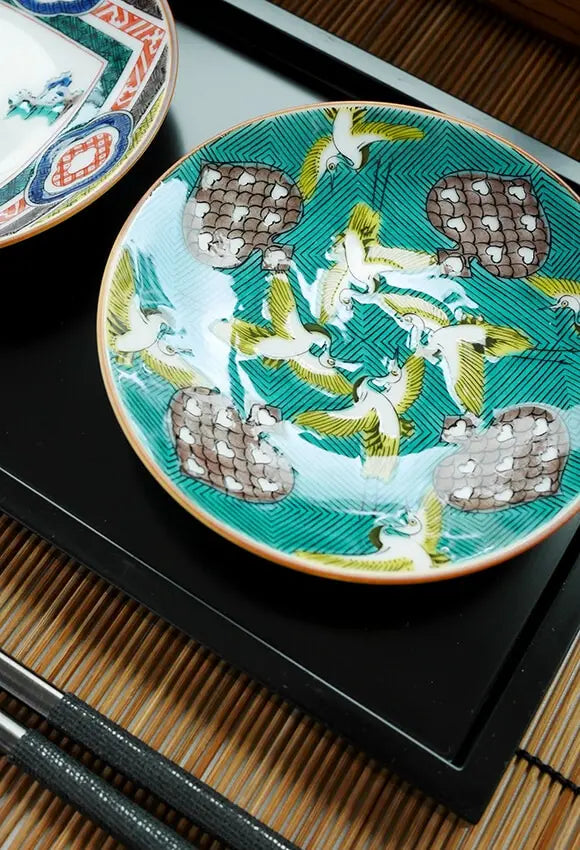 Ko-Kutani Dancing Cranes Kutani Ware - 15cm Plate (青手鶴) Super Delivery - KUTANIYAKI TOUJUDOU