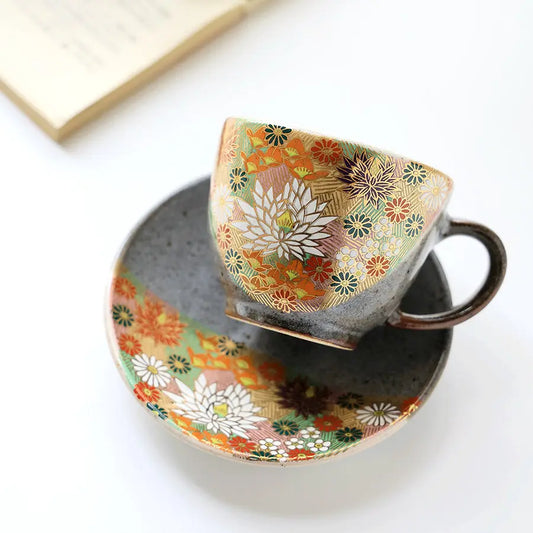 Kutani Cup with Saucer (Golden Flower) Super Delivery - KUTANIYAKI TOUJUDOU